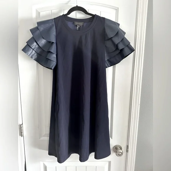 Bloomingdale's | Dresses | Navy Blue Dress With Leather Ruffle Sleeves Size  Large Brand New With Tags | Poshmark